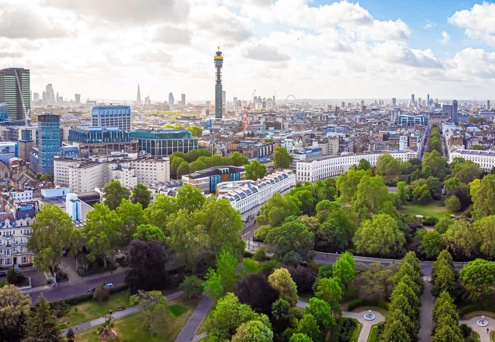 Aerial view of Regents park in London UK