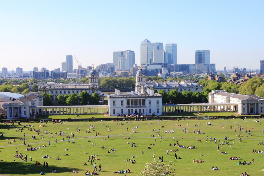 London skyline from Greenwich hill Panoramic view of London from the Greenwich hill