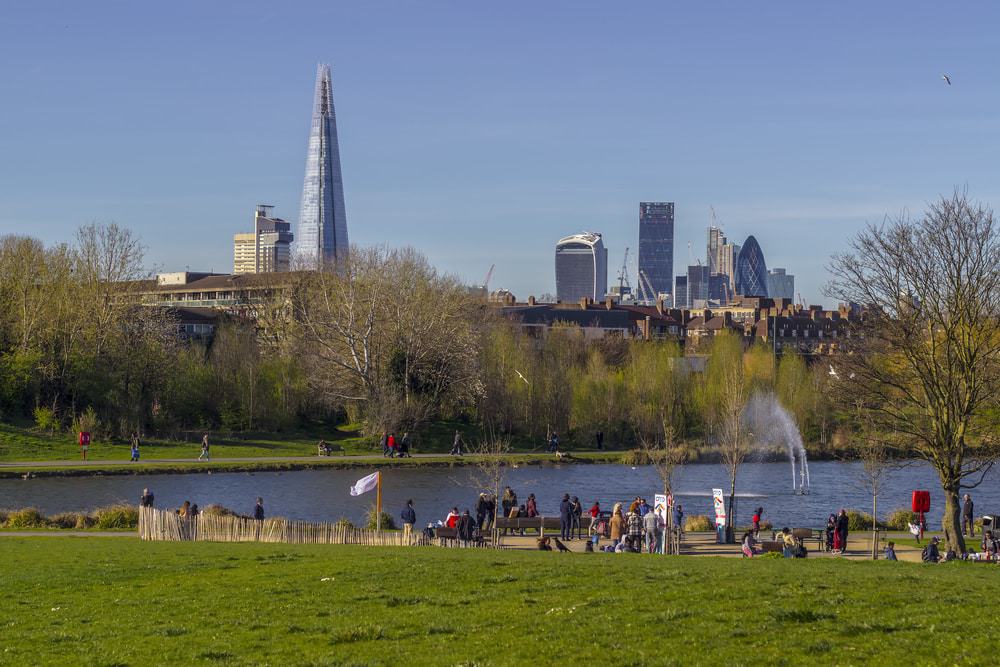 Skyline of London from Burgess Park Skyline of London from Burgess Park