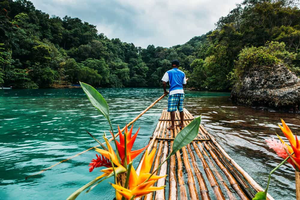 Bamboo ride in blue lagoon on Jamaica