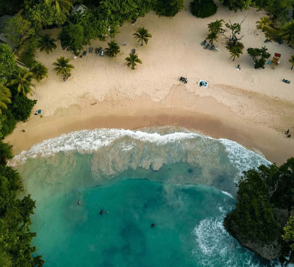 Frenchmans Cove aerial view with people on Frenchman's Cove Jamaica