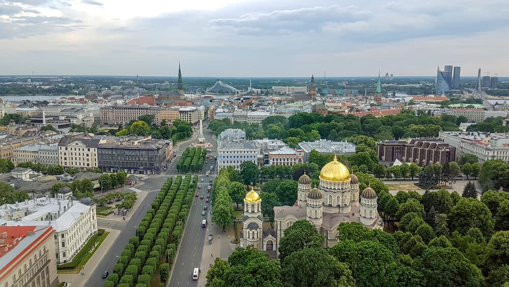 Panoramic cityscape streets of Riga from above