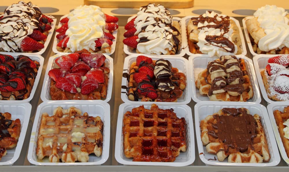 Belgian waffles on street stall in Brussels Belgium