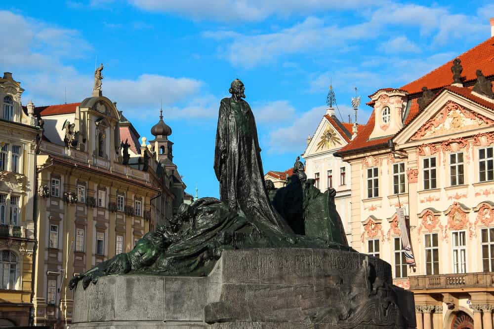 Jan Hus Memorial in Old town square in Prague Jan Hus Memorial in Old town square in Prague