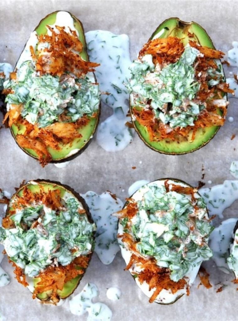 paleo stuffed avocados with cilantro cream sauce