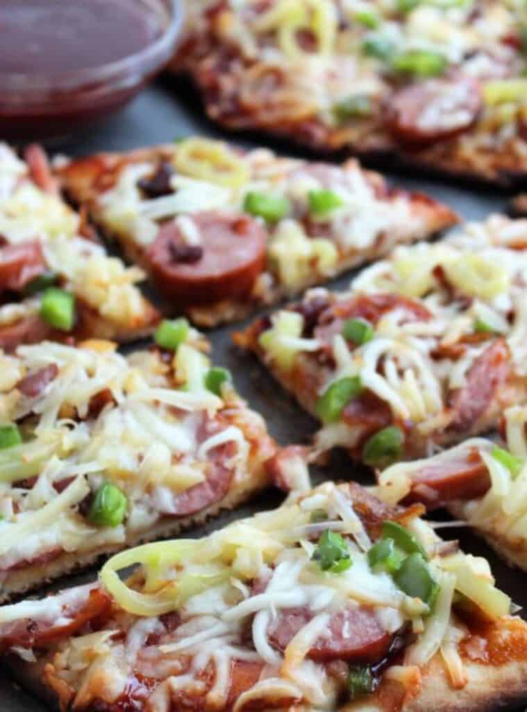 bbq smoked sausage flatbread with gruyere