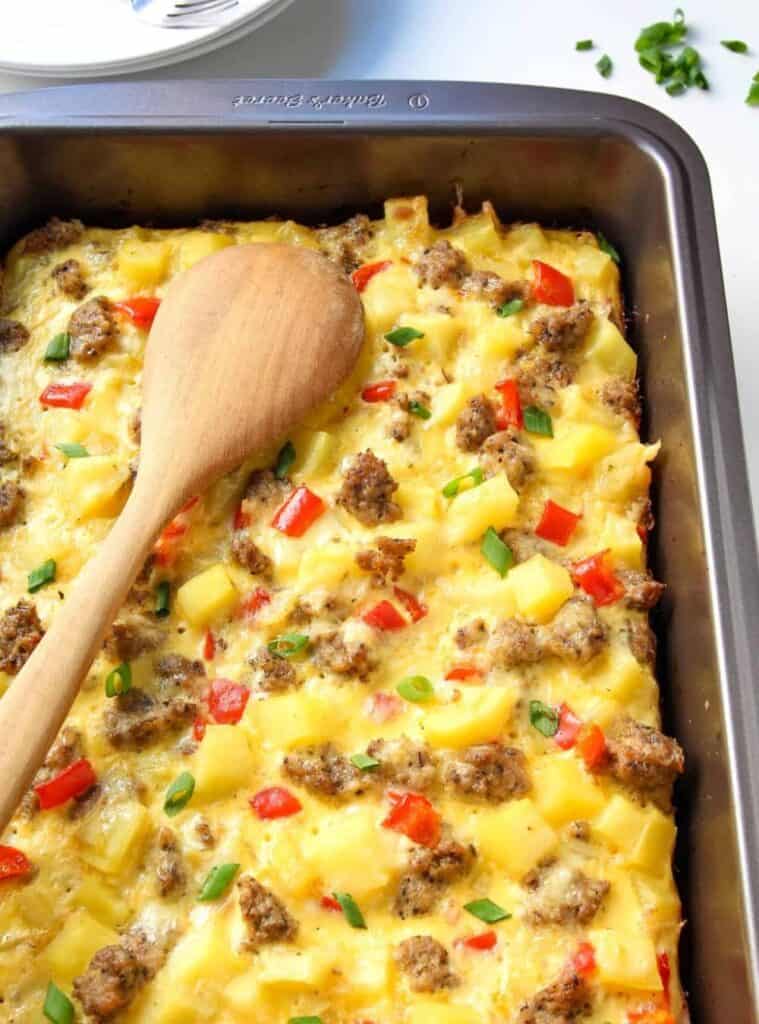 breakfast casserole with eggs, potatoes and sausage