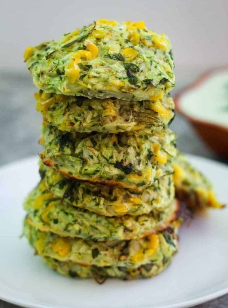 zucchini, corn fritters with cottage cheese
