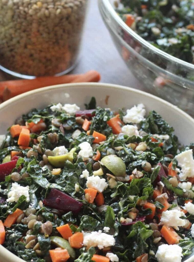 kale and lentil salad with beets and feta