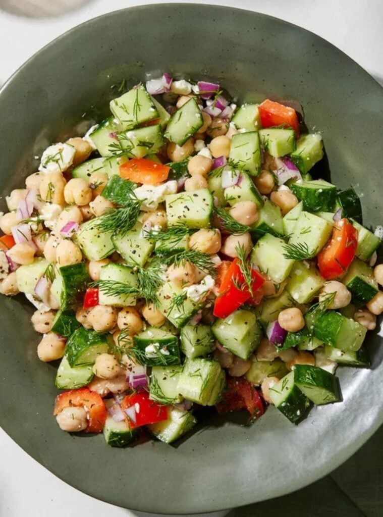 cucumber chickpea salad with feta amd lemon