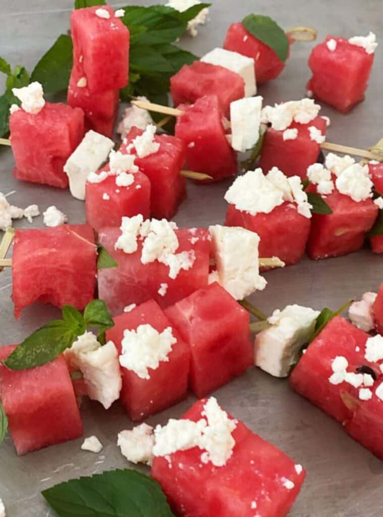 watermelon, feta, and mint skewers
