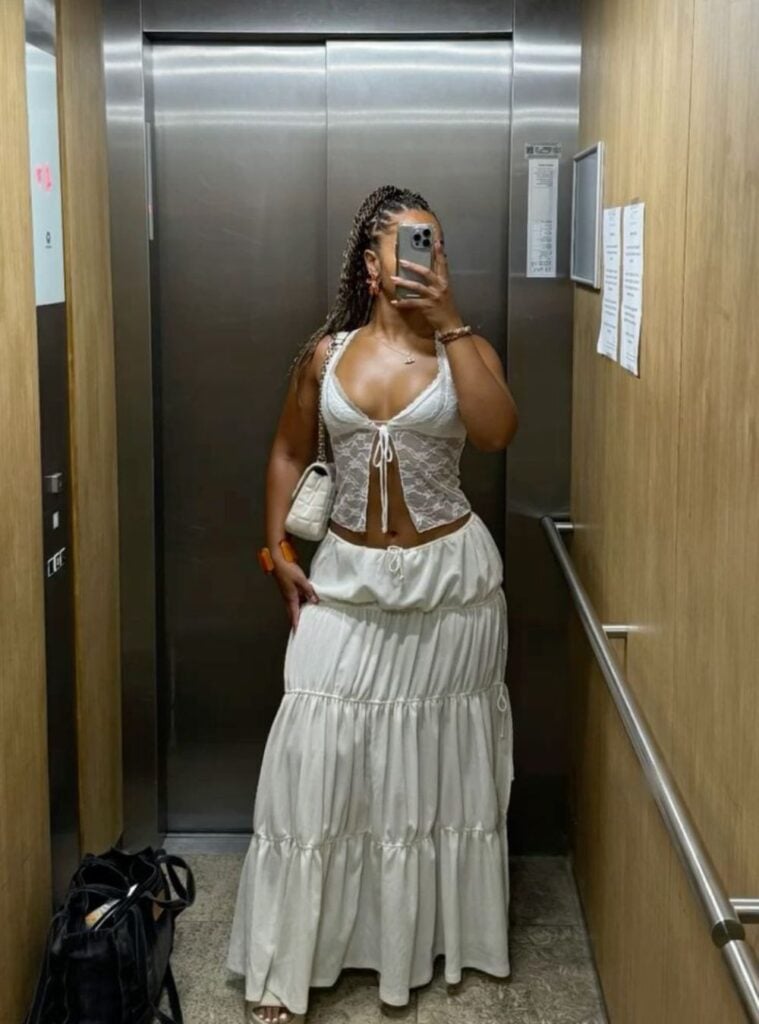 lace cami top + ruffle drawstring maxi skirt