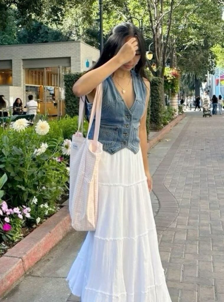 denim vest + white tiered maxi skirt + tote bag