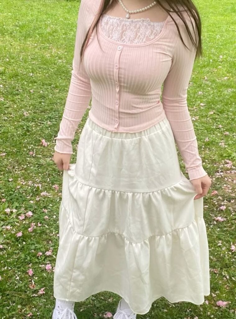 pink ribbed cardigan + lace tank + ruffle skirt