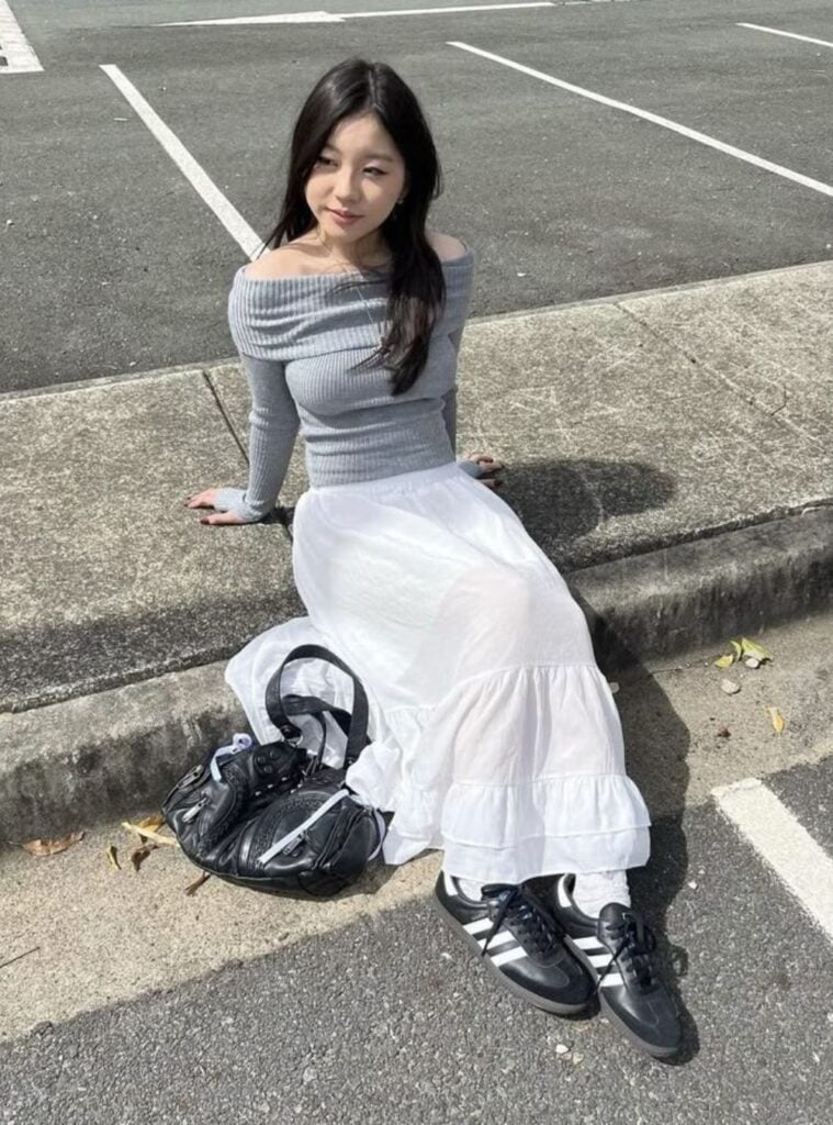 off-shoulder knit + white maxi ruffle skirt + sneakers