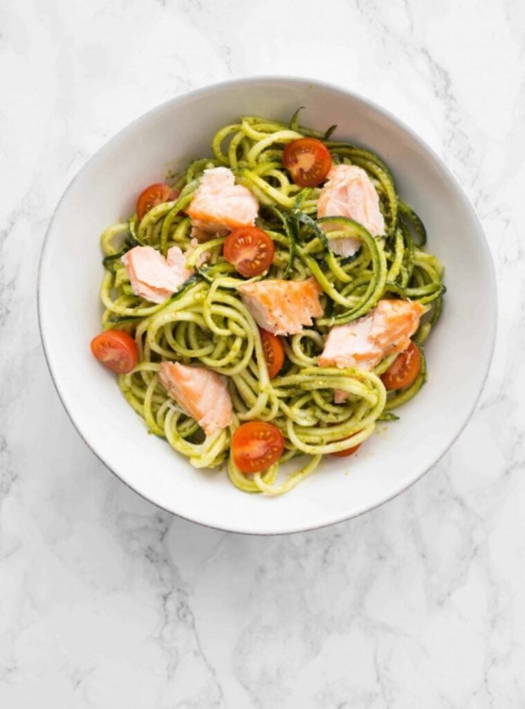 pesto zucchini noodles with salmon and avocado