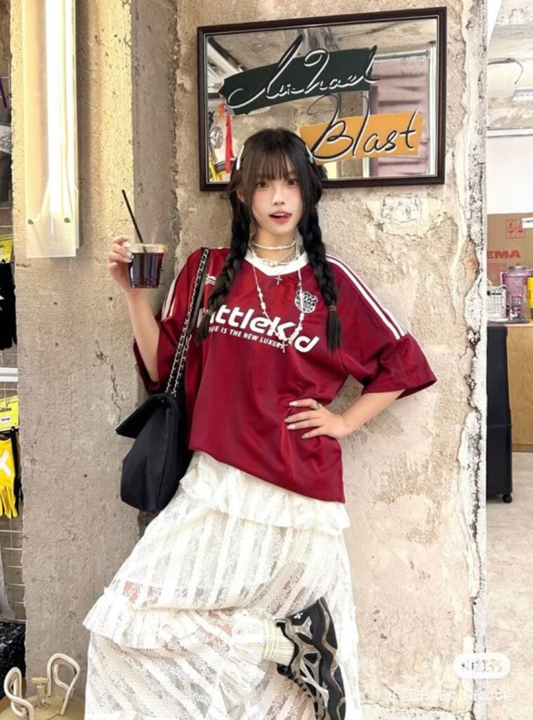 oversized jersey + lace ruffle maxi + chunky sneakers