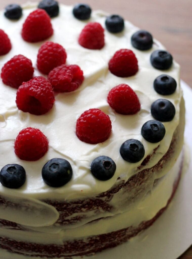 stripped red, white, and blue velvet cake