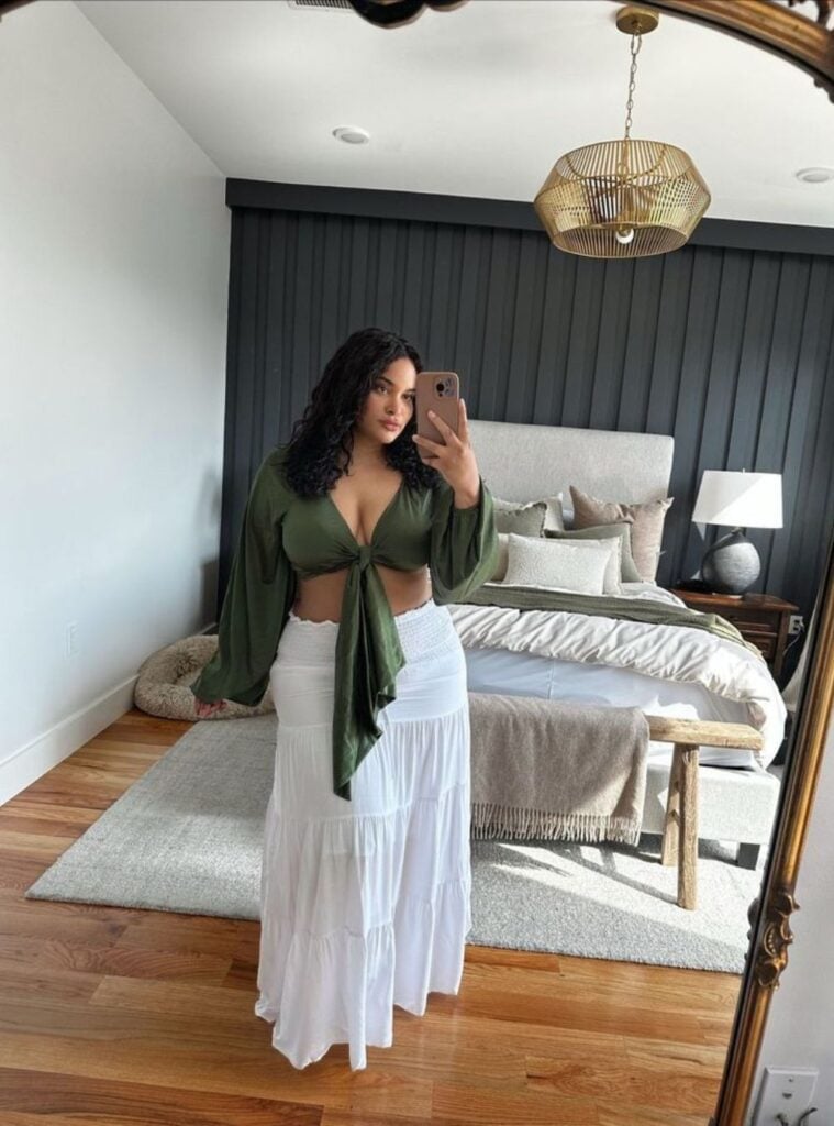 tie-front blouse + white tiered maxi skirt