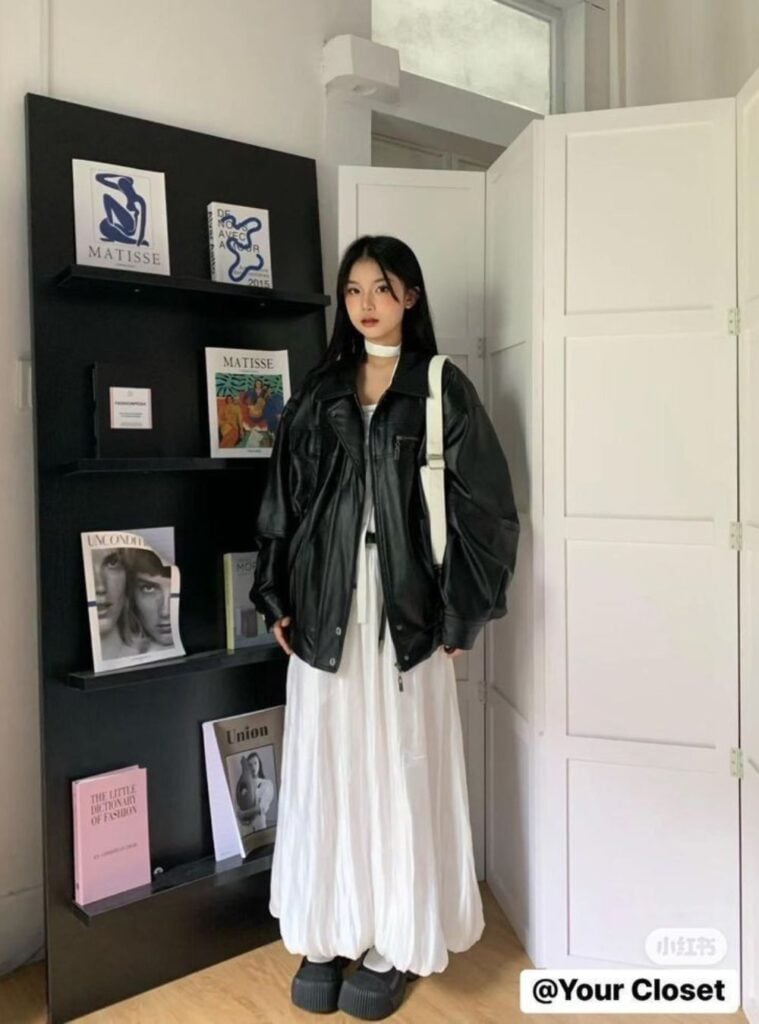 oversized leather jacket + flowy ruffle skirt + platform slides