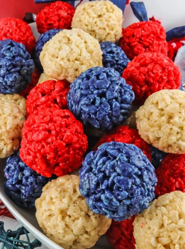 red, white, and blue rice krispie treat bites