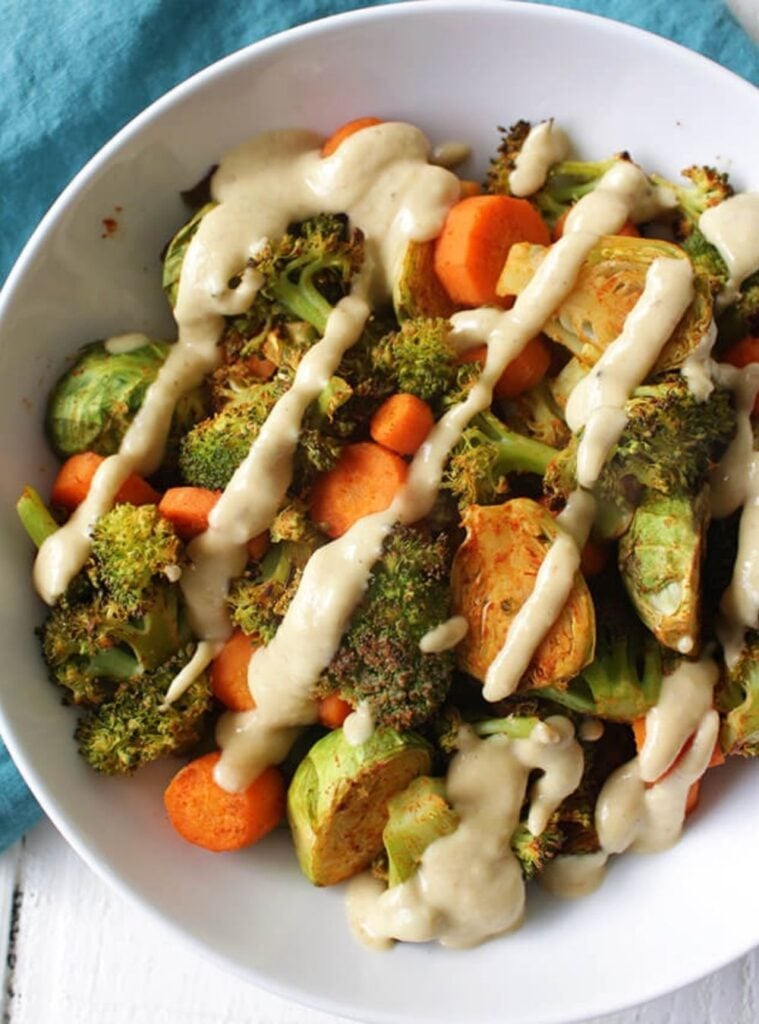 roasted veggies with zesty hummus dressing