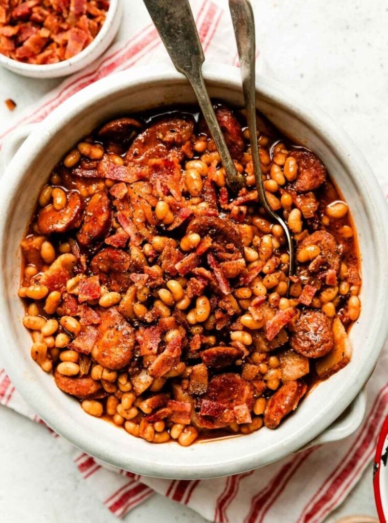brown sugar baked beans with bacon and sausage