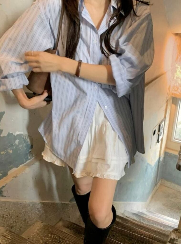 oversized button-up + white mini ruffle skirt