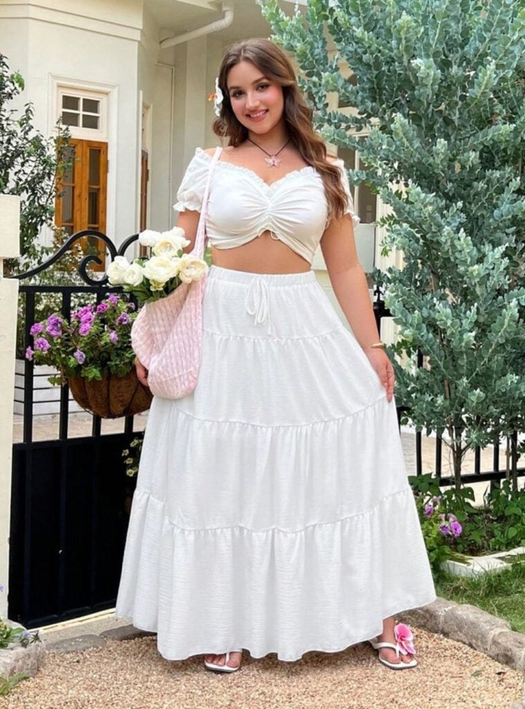 ruched crop top + maxi ruffle skirt + floral sides