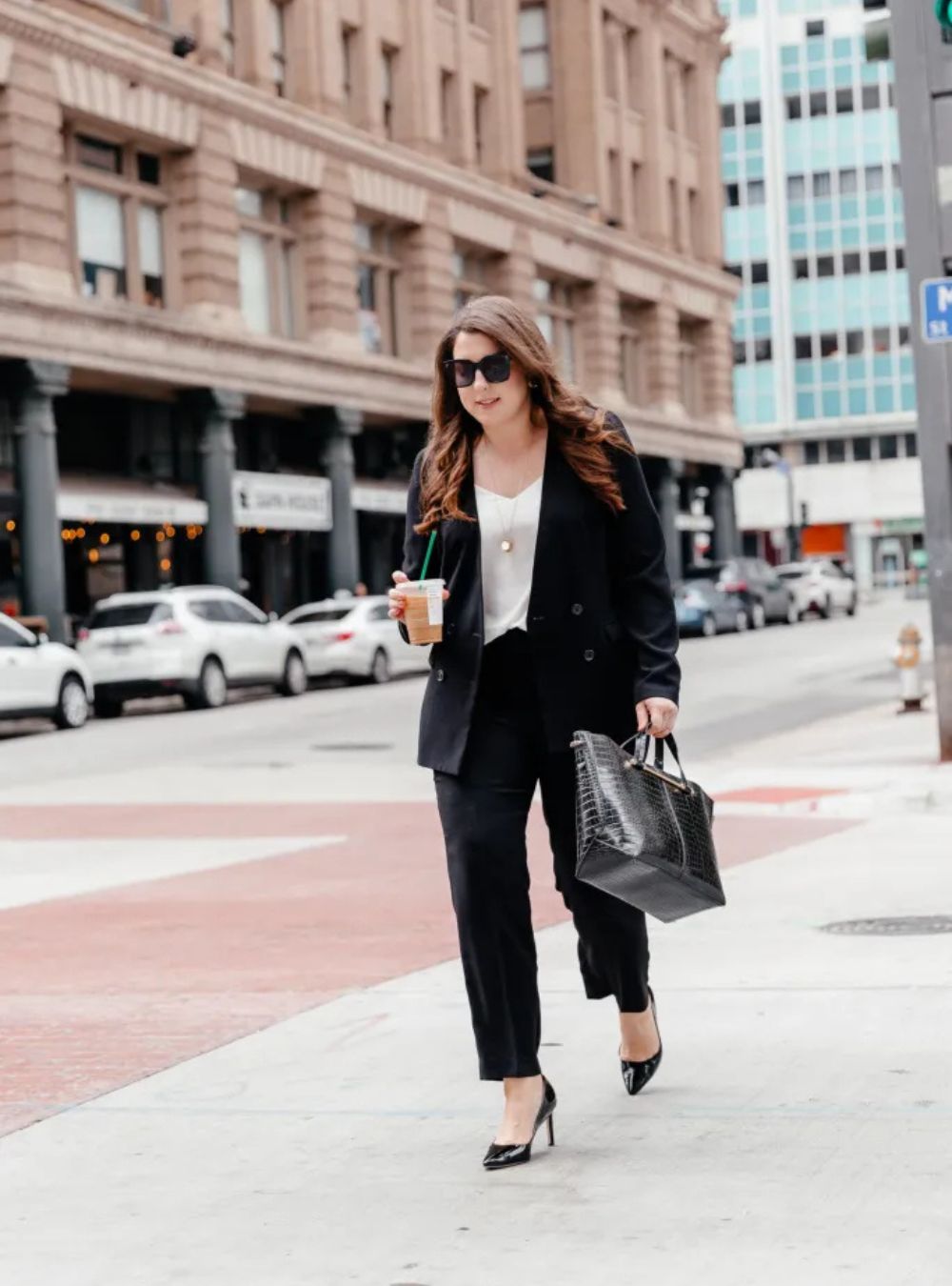 black handbag + black trousers + white blouse + black blazer + black heels + sunglasses