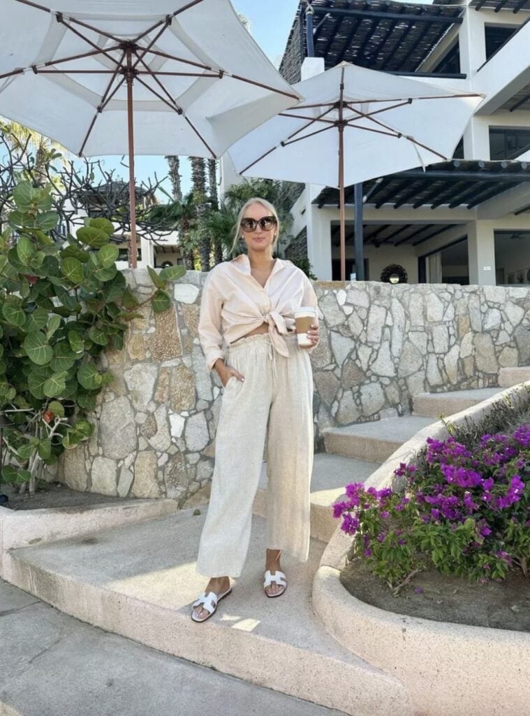 linen shirt + wide-leg trousers + slides