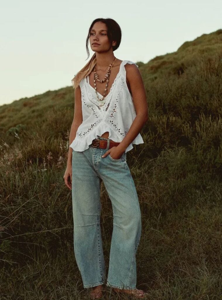 white eyelet top + wide-leg jeans + beaded necklace
