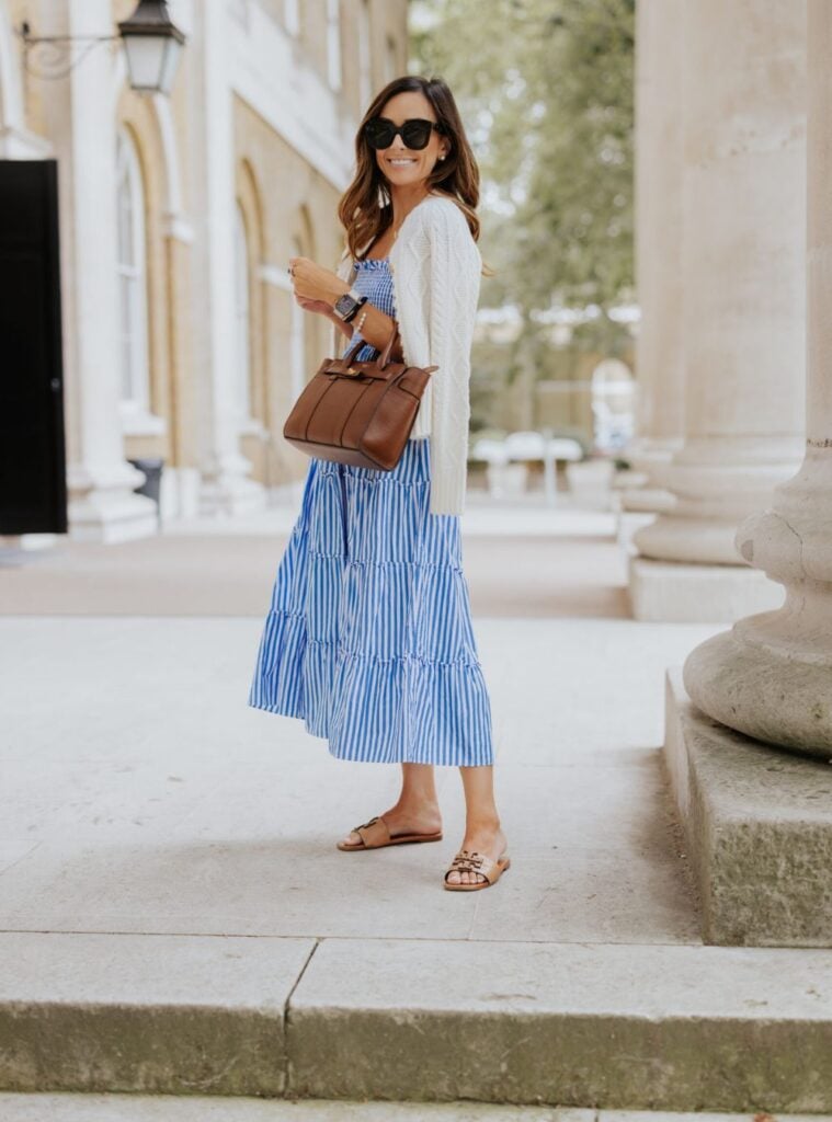 blue striped dress + knit cardigan + brown handbag