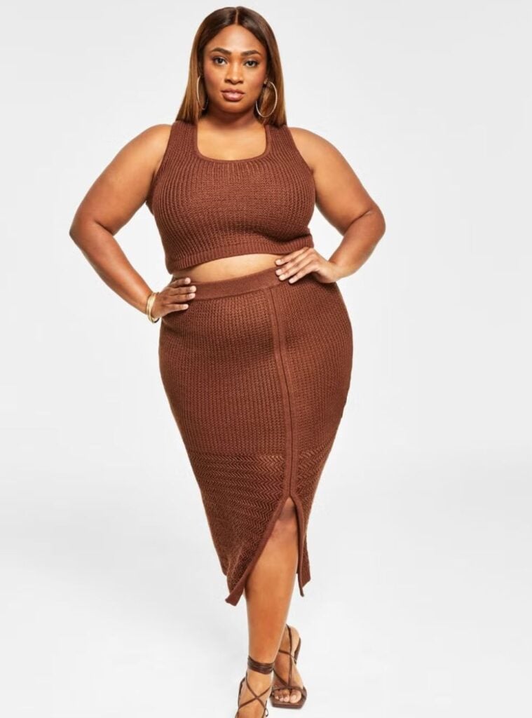 brown knit crop top + matching midi skirt