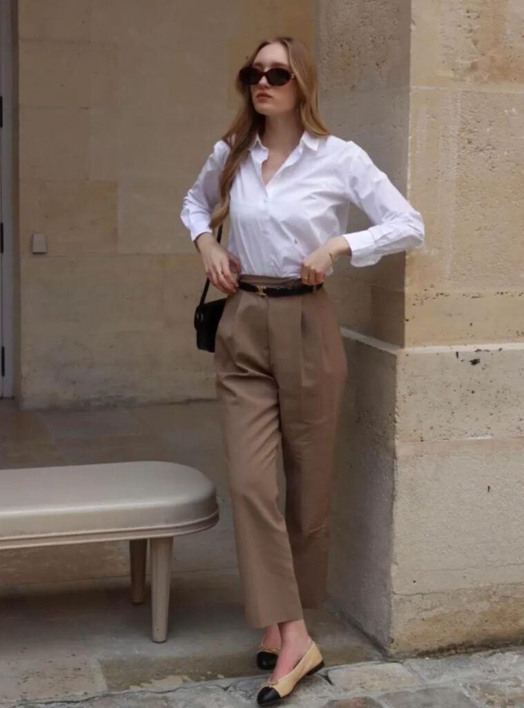 white button-up + cropped brown trousers + two-tone flats