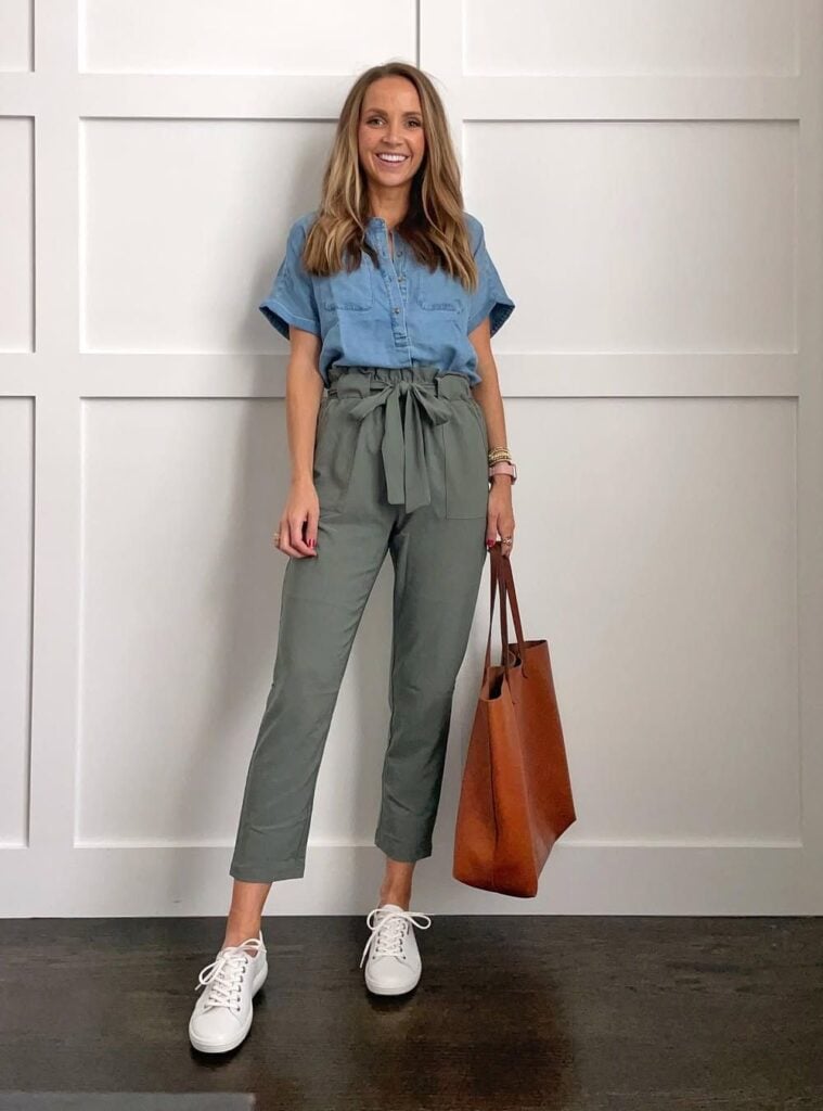 denim button-up + paperbag pants + white sneakers