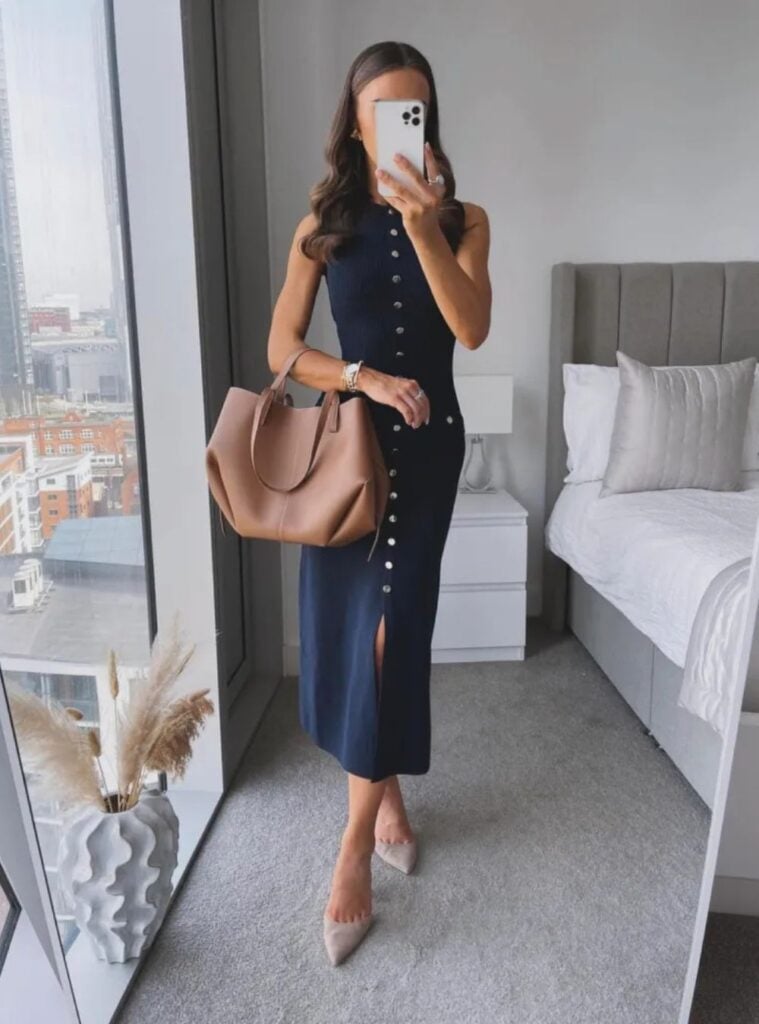 navy button dress + nude flats + tan tote