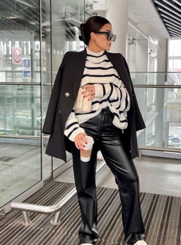 striped knit + black leather pants + oversized blazer