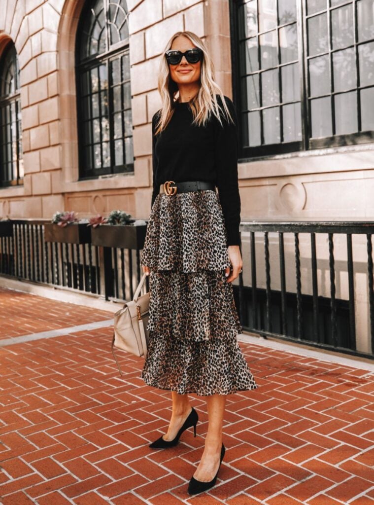 black sweater + tiered leopard skirt + black pumps