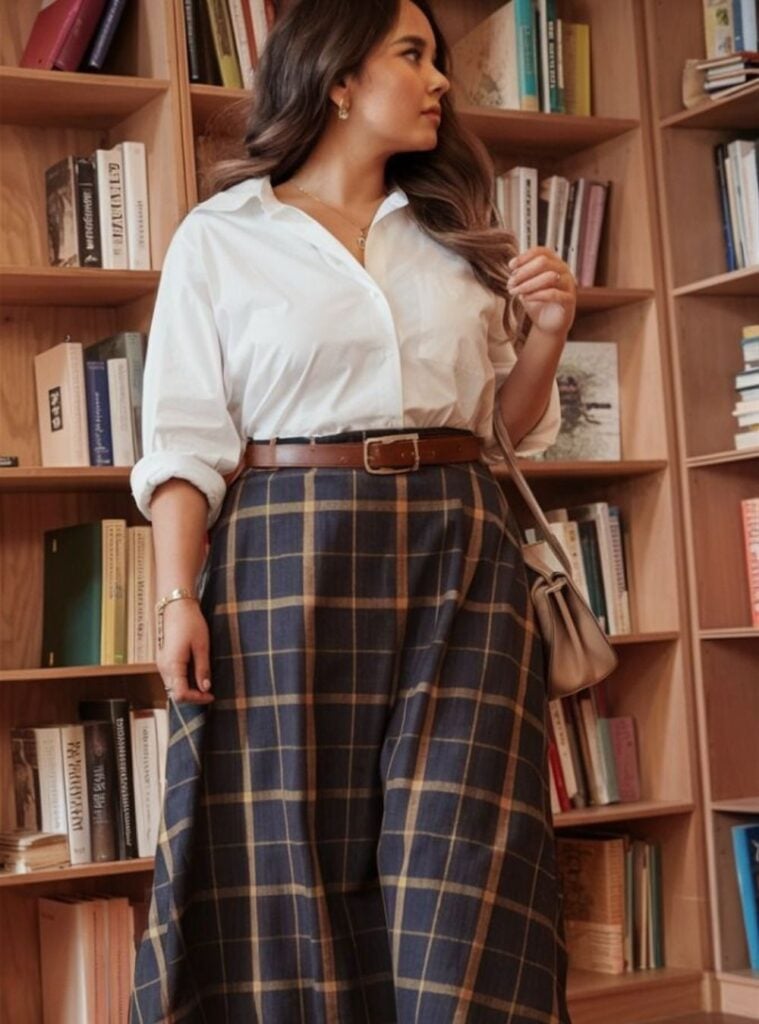 white button-up + plaid midi skirt + nude heels