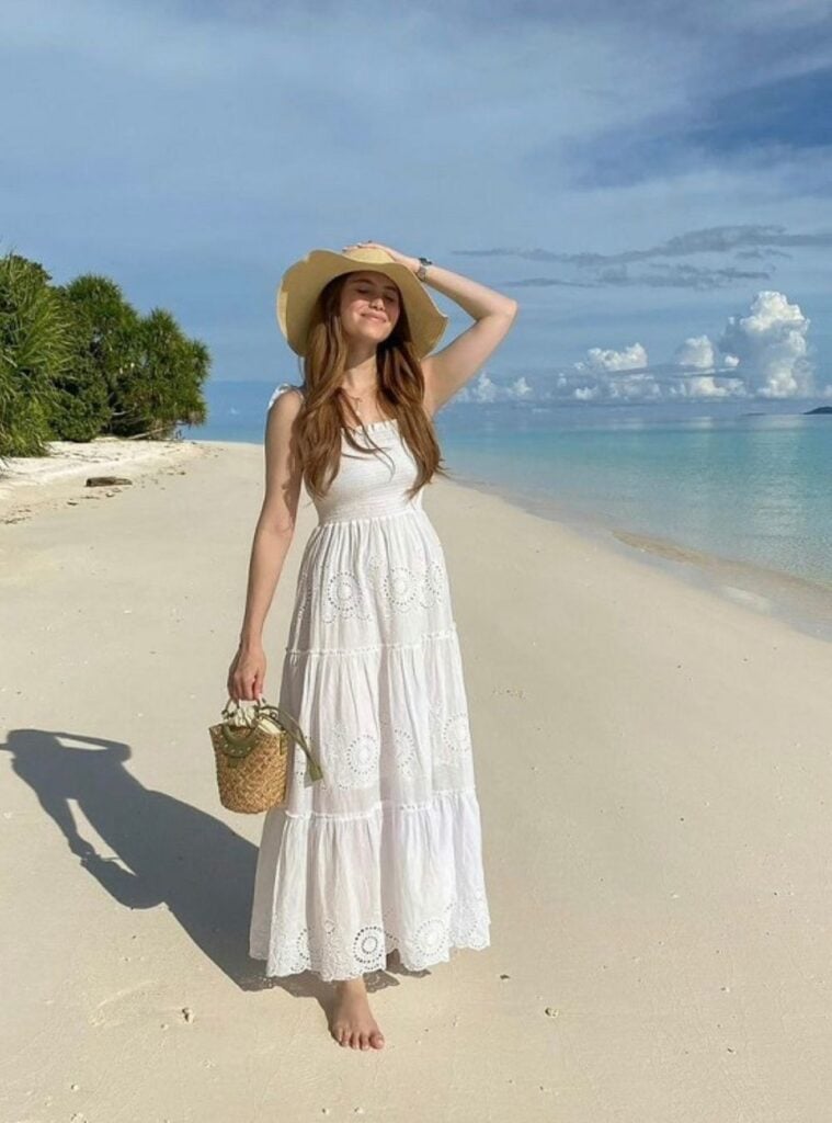 white eyelet maxi dress + straw hat