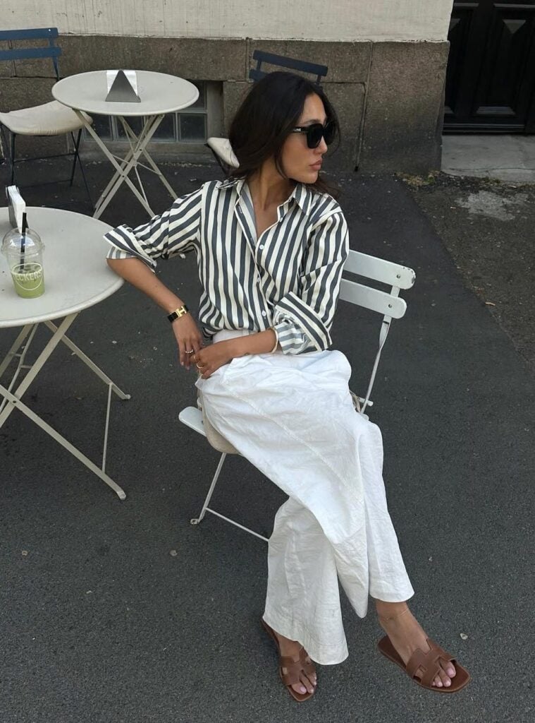 striped shirt + white linen pants + slides