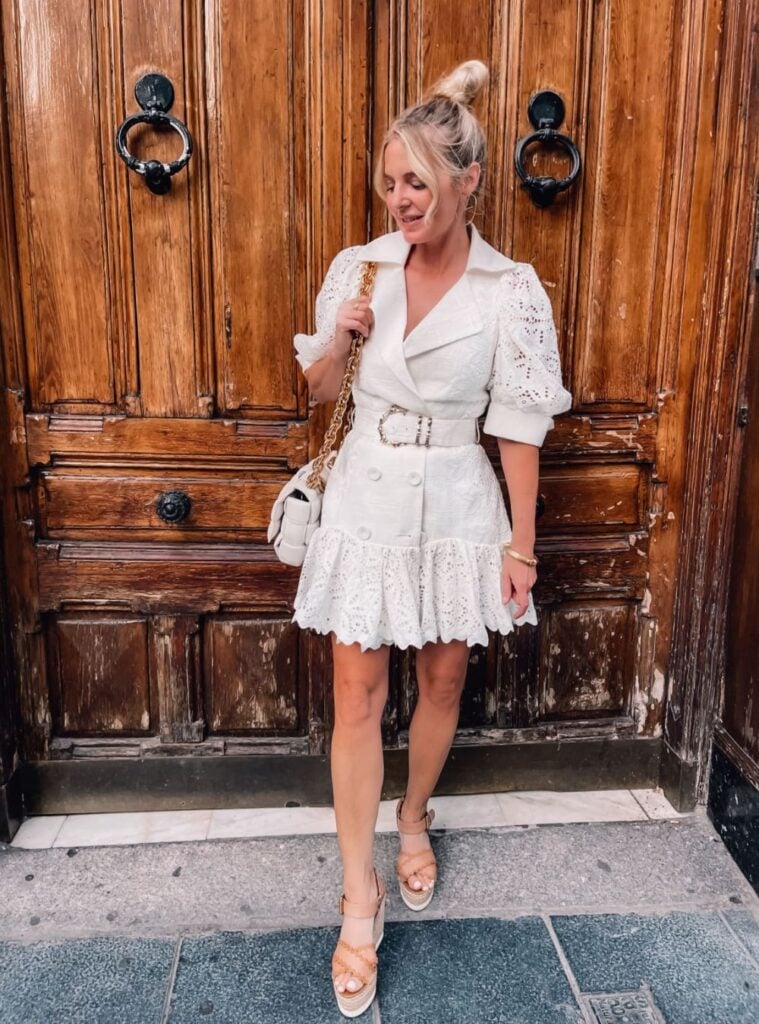 eyelet blazer dress + wedge sandals + gold chain bag