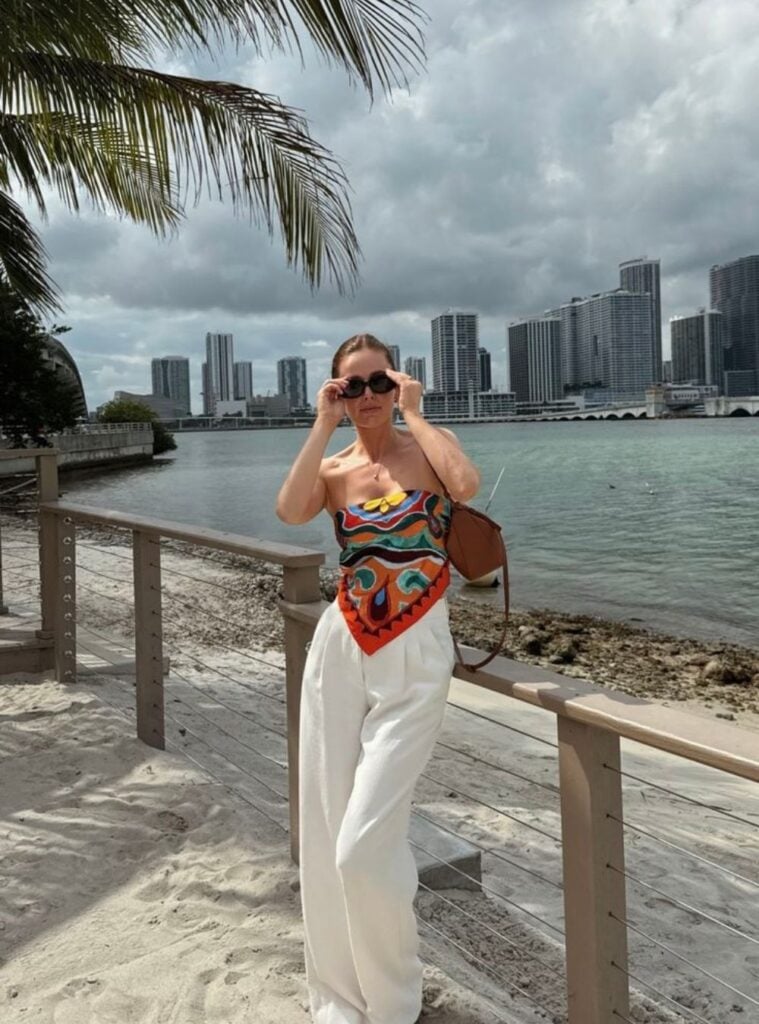 printed bandana top + white wide-leg pants