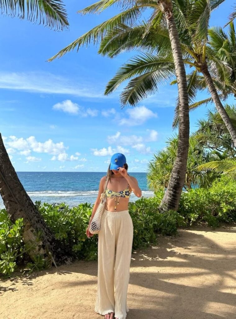 floral bikini top + creamy wide-leg pants