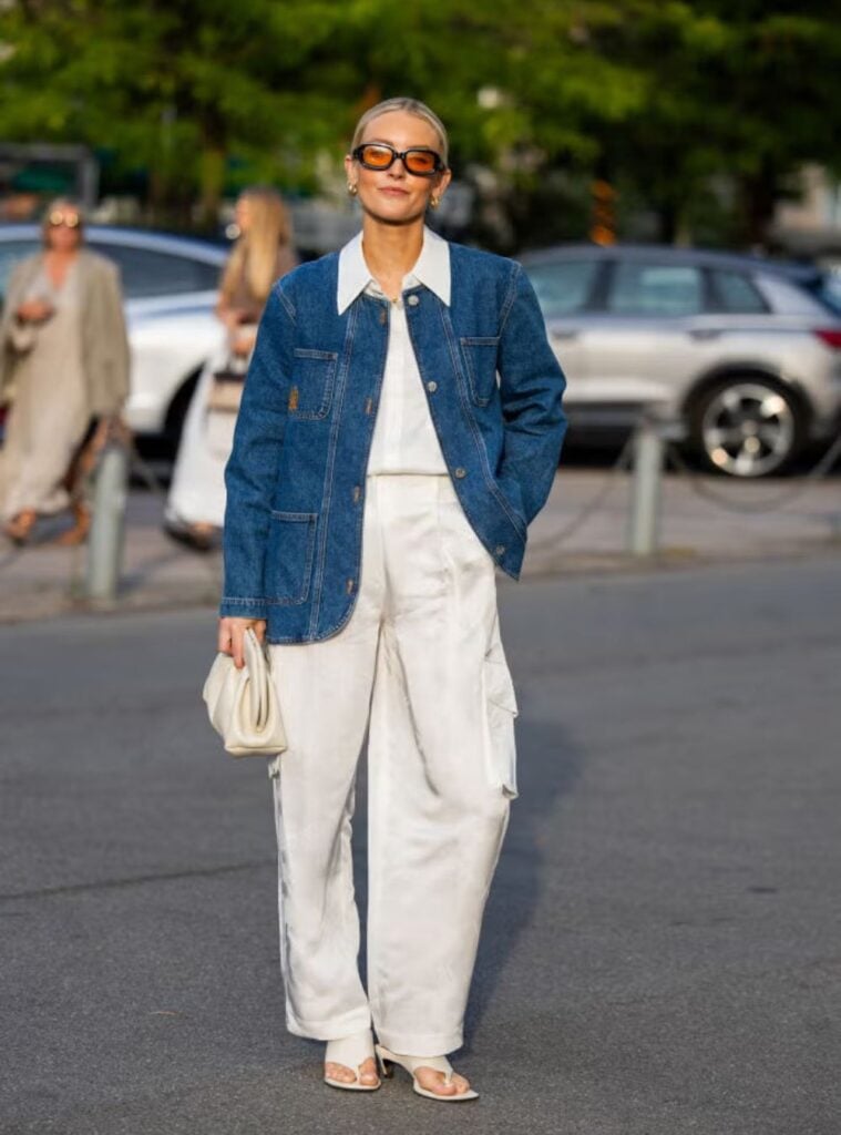 white utility jumpsuit + denim overshirt + strappy sandals