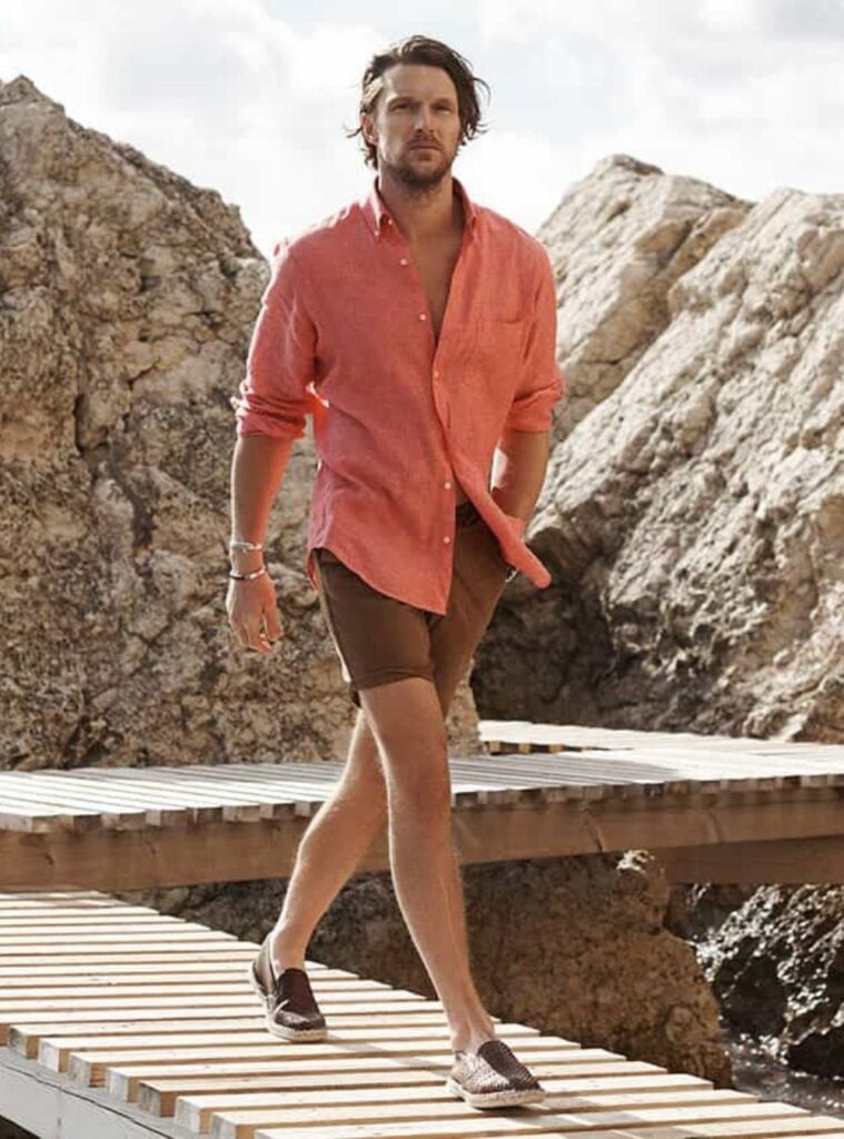 coral shirt + brown shorts + loafers