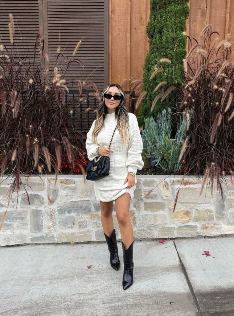 knit dress + black western boots + quilted bag