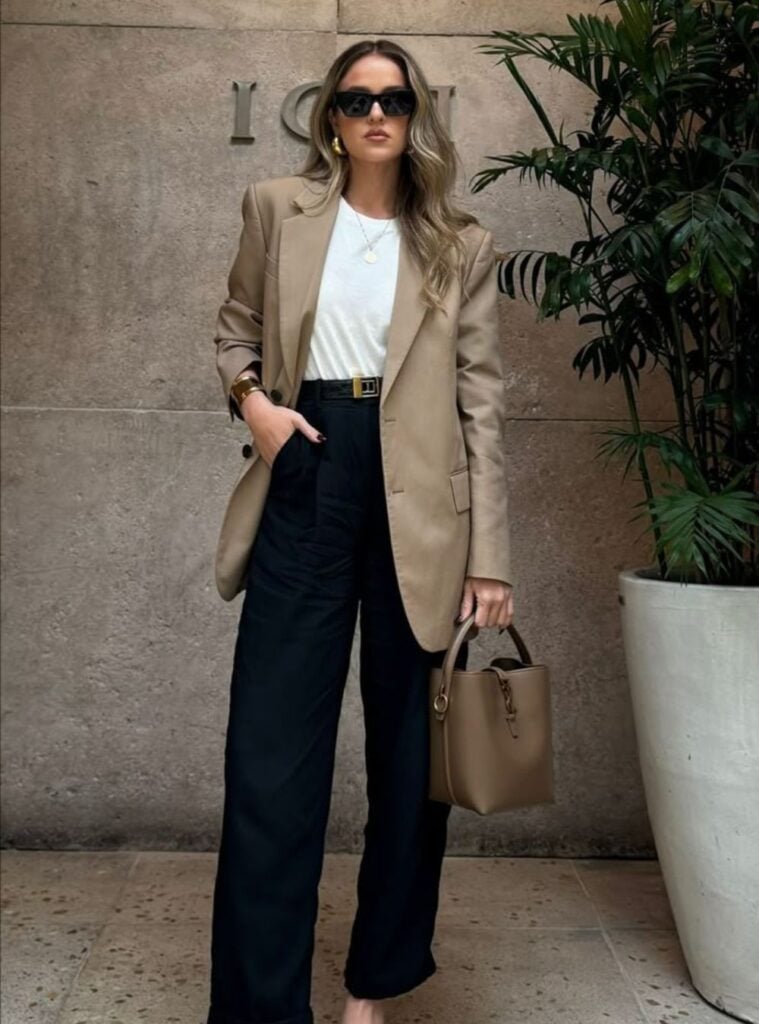 beige blazer + white tee + black wide-leg pants