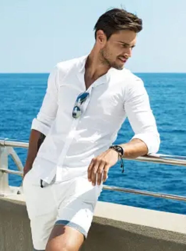 white shirt + tailored shorts + sunglasses